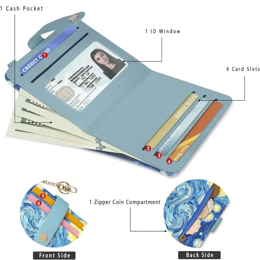 Starry Sky Wallets Woman RFID Blocking Leather Credit Card Holder keychain NEW